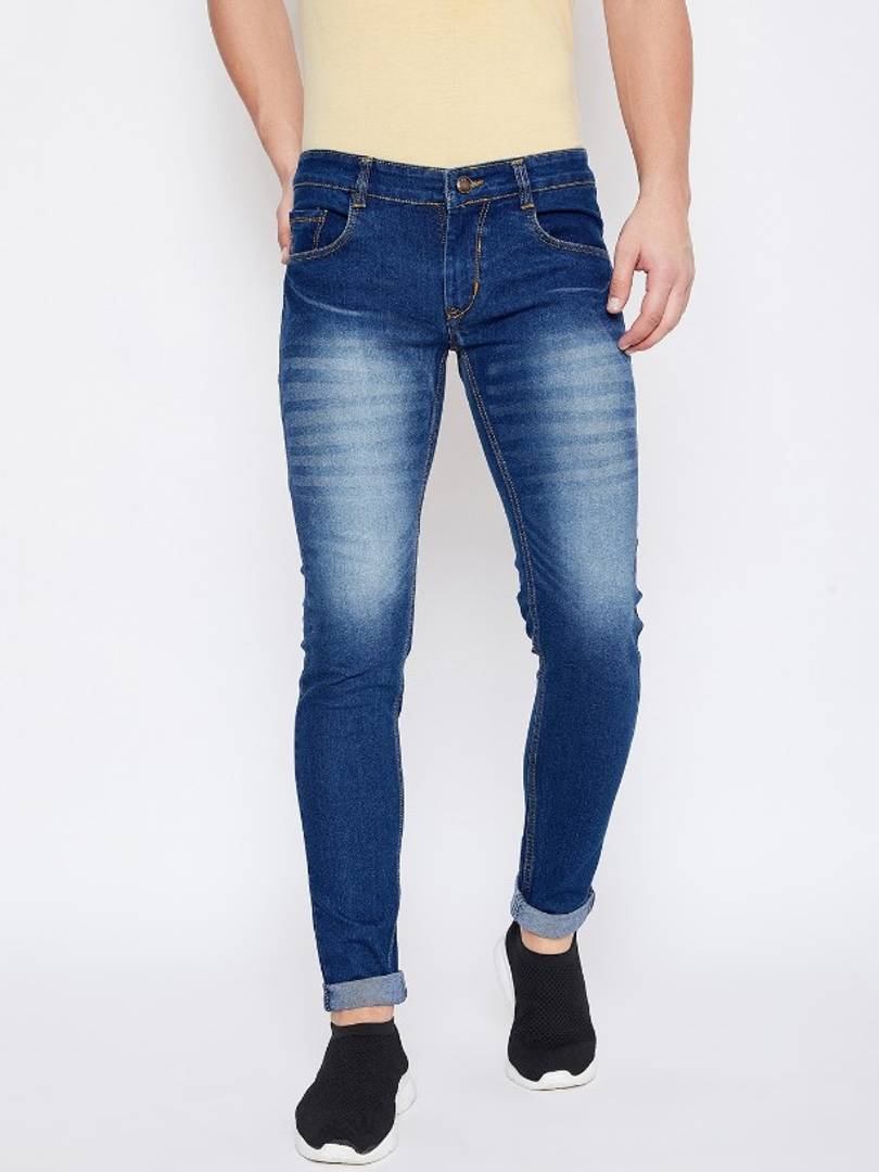 Men's Blue Cotton Spandex Faded Slim Fit Mid-Rise Jeans