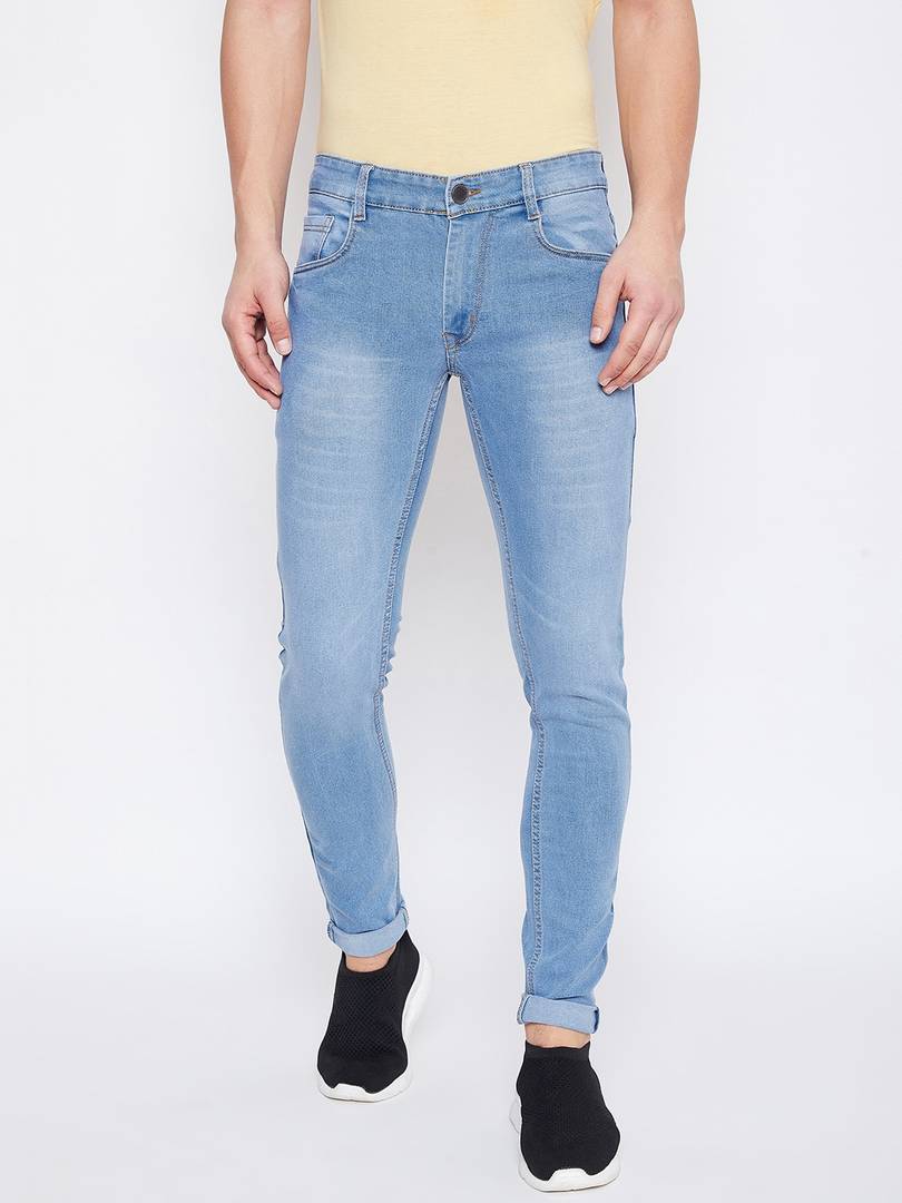 Men's Blue Cotton Spandex Faded Slim Fit Jeans