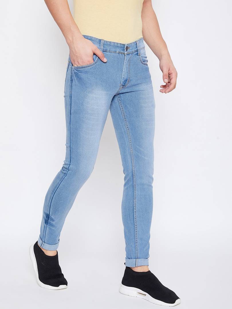 Men's Blue Cotton Spandex Faded Slim Fit Jeans
