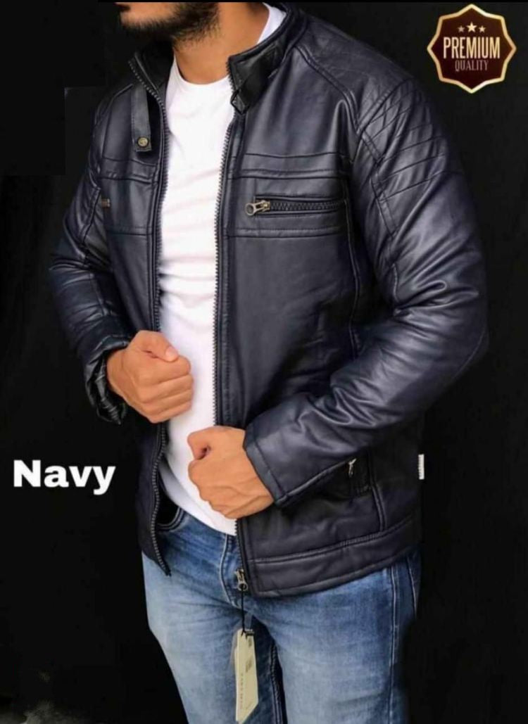 Men Navy Solid Stand-Collar Leather Jacket
