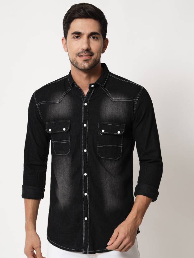 Spread-Collar Denim Shirt with Flap Pockets