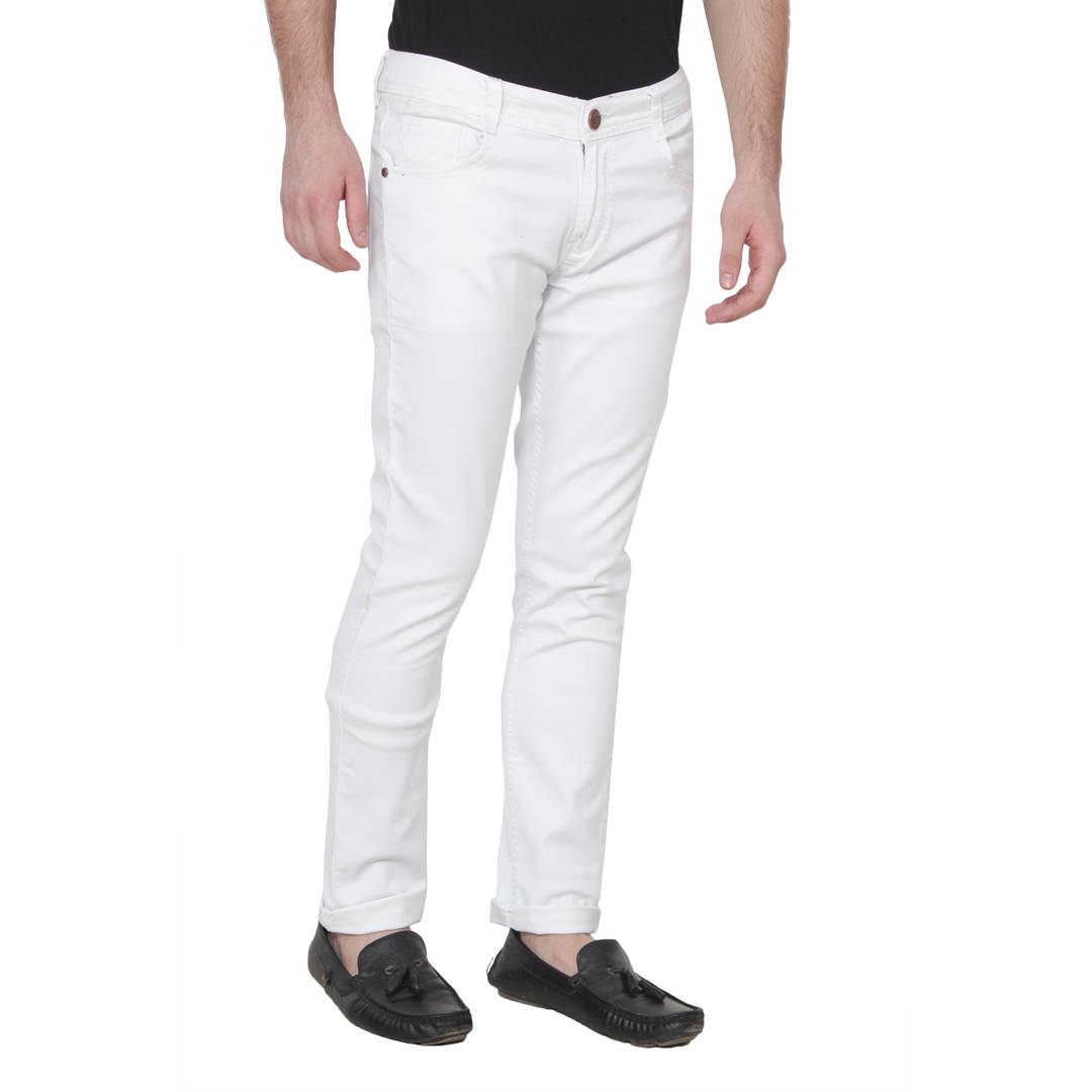 Men's White Cotton Blend Solid Regular Fit Mid-Rise Jeans