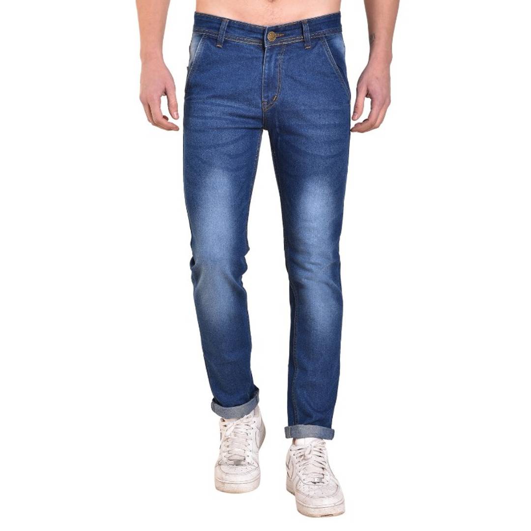 Men's Blue Cotton Faded Regular Fit Mid-Rise Jeans