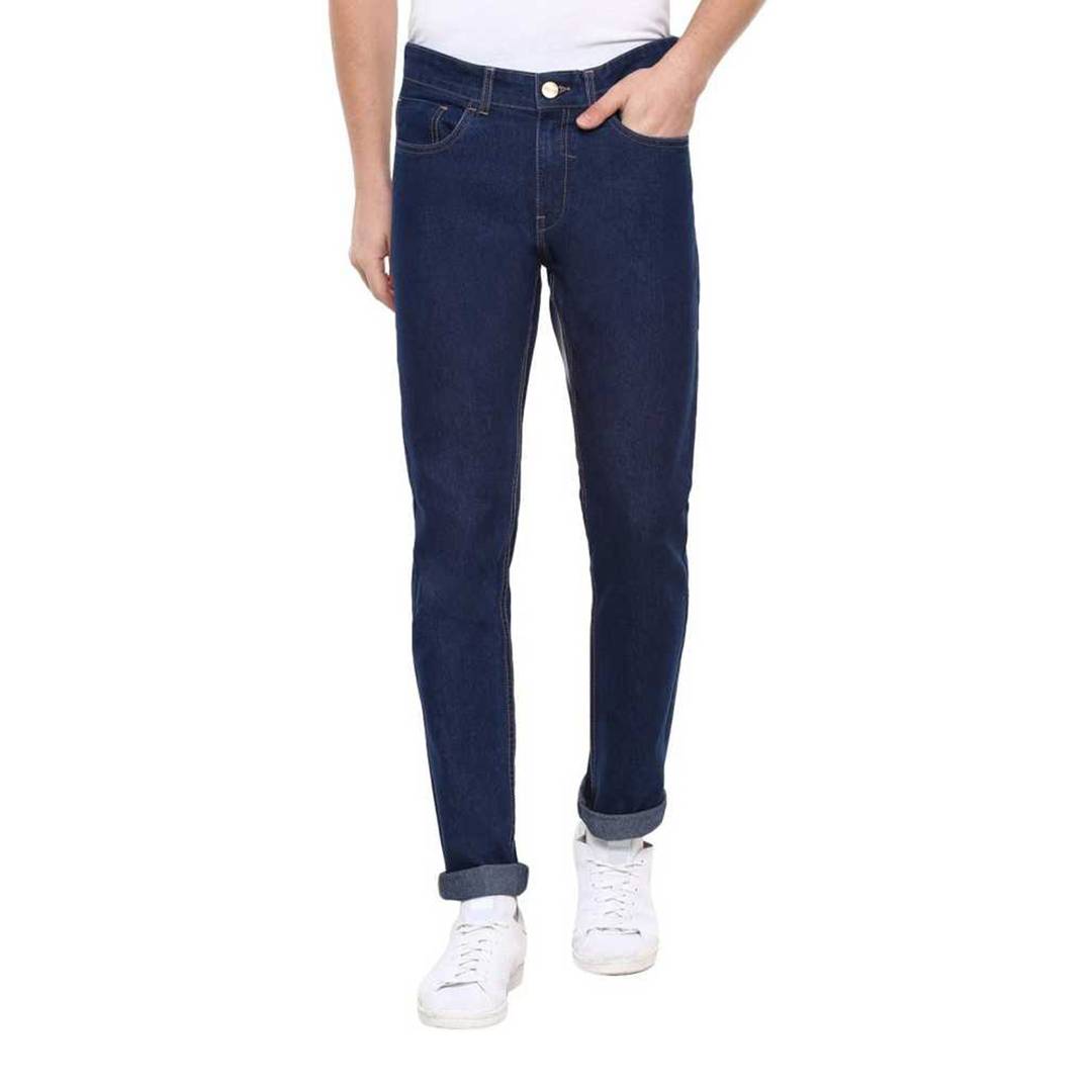 Men's Blue Cotton Blend Solid Slim Fit Mid-Rise Jeans