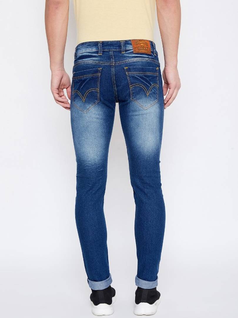 Men's Blue Cotton Spandex Faded Slim Fit Mid-Rise Jeans