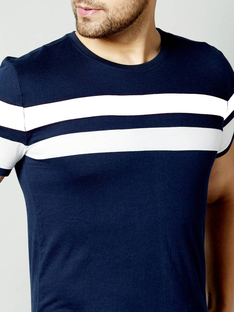 Men's Navy Blue Cotton Blend Striped Round Neck Tees