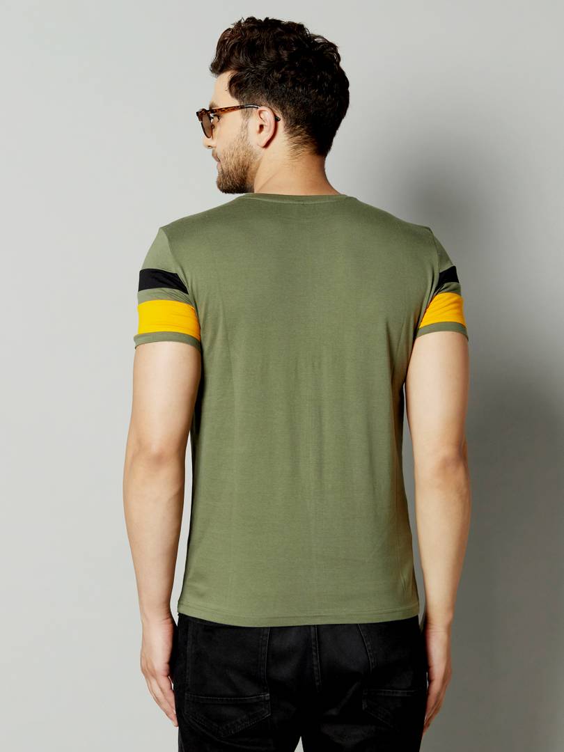 Men's Green Cotton Blend Striped Round Neck Tees