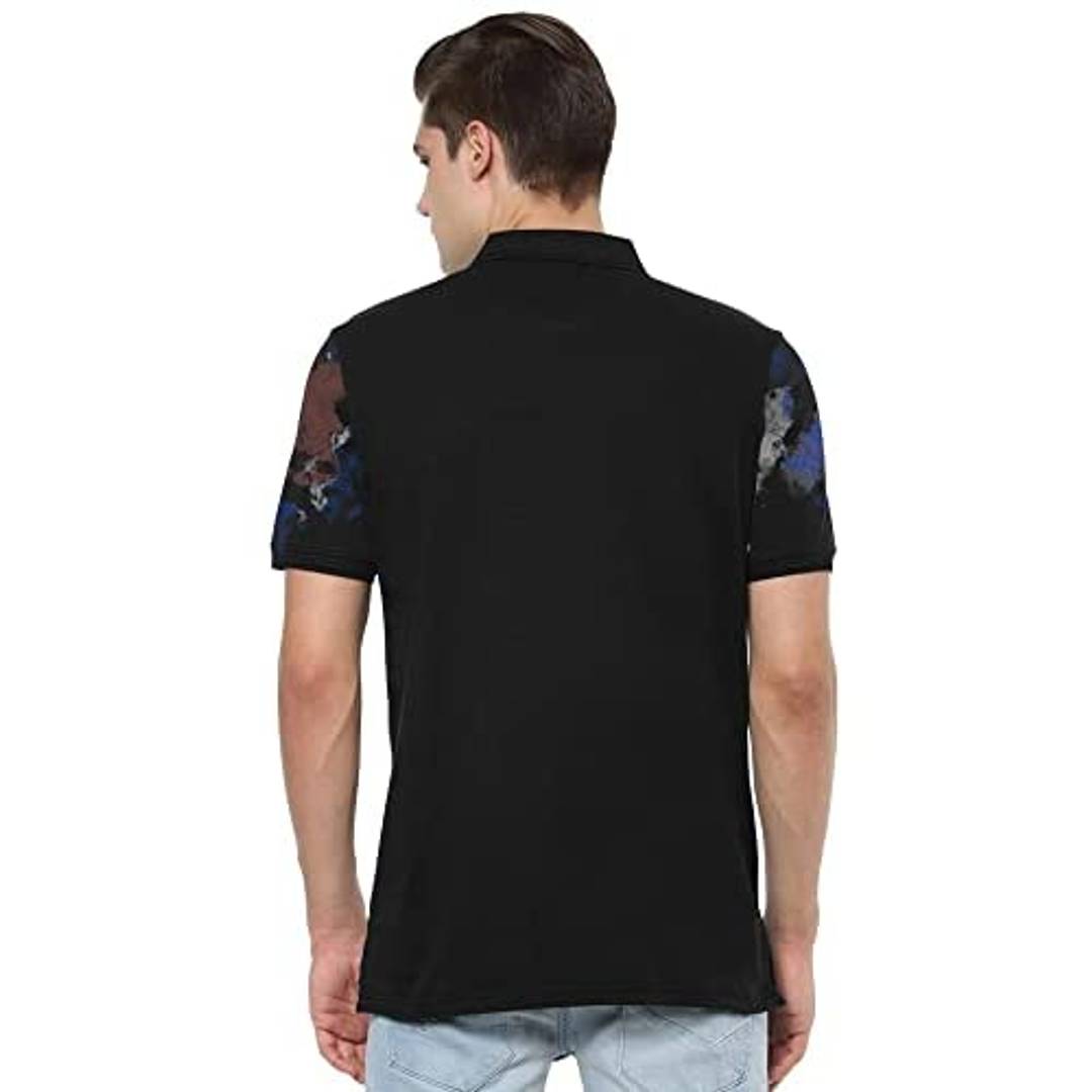 Jump Cuts Men's Printed Halfsleeve Polo Neck Black Cotton Slimfit Tshirt