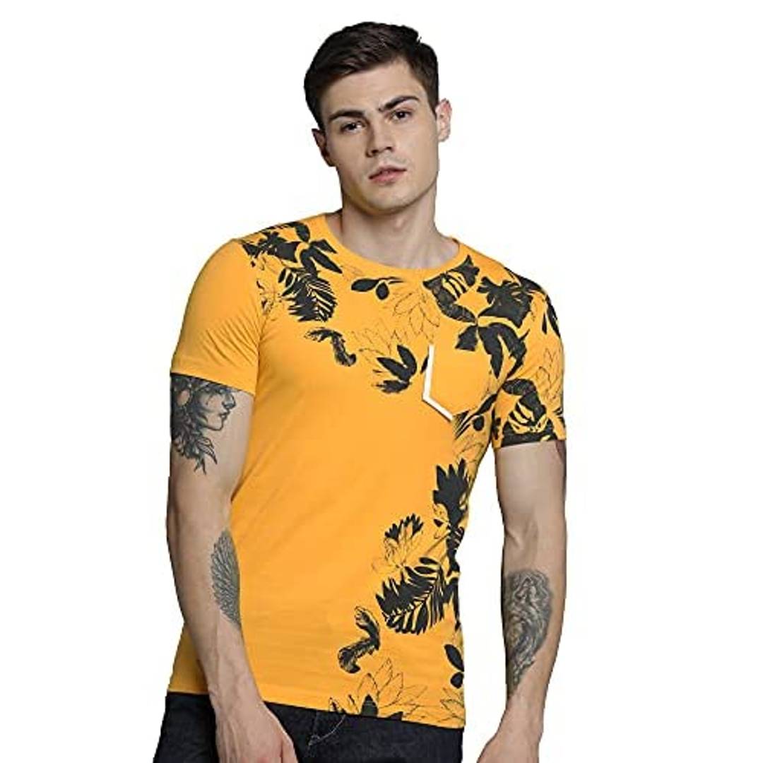 Maniac Men's Printed Halfsleeve Polo Neck Yellow, Dgrey Cotton Tshirt