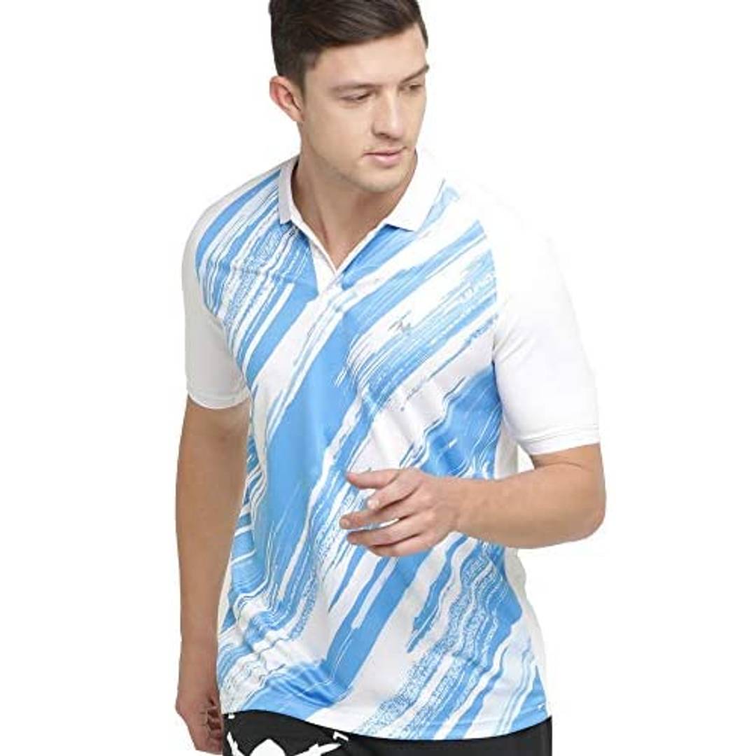 Maniac Men's All Over Printed Halfsleeve Polo Neck Whte, Blue Polyster Tshirt
