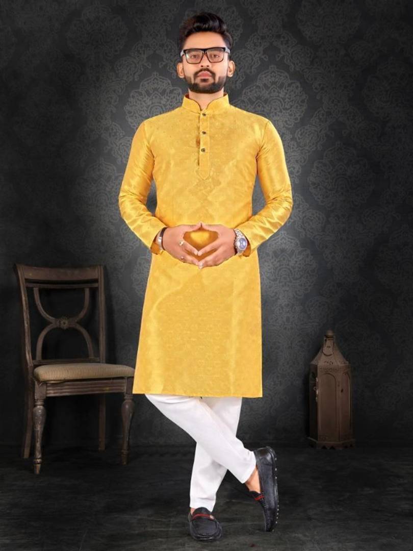 Yellow Color jacquard Fancy Kurta Pajama For Mens