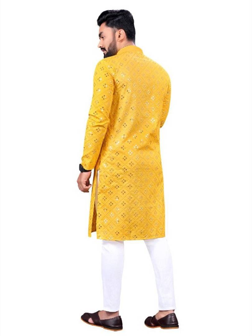 Yellow Color Mirror Work Kurta Pajama Set For Mens
