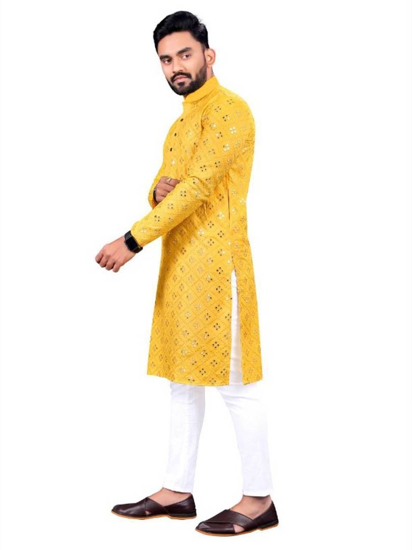 Yellow Color Mirror Work Kurta Pajama Set For Mens