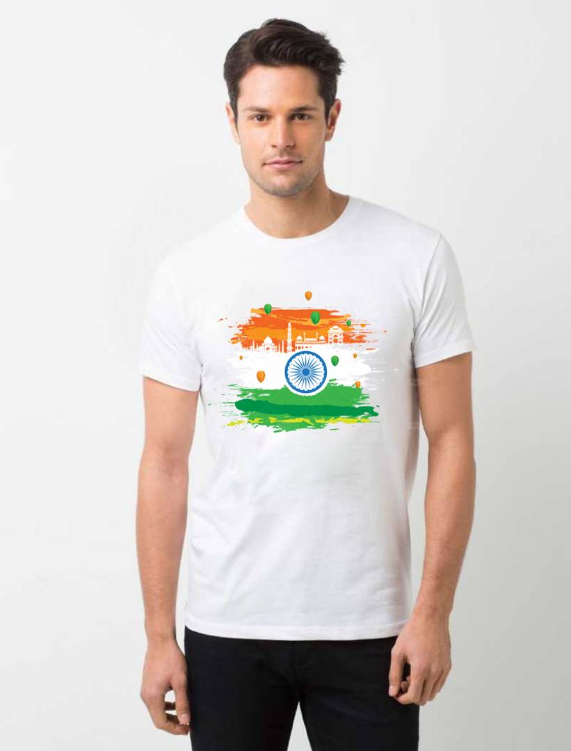 Stunning White Polyester Printed Independence Day India Taj Tees For Men