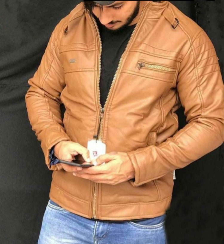 Men Tan Solid Stand-Collar Leather Jacket