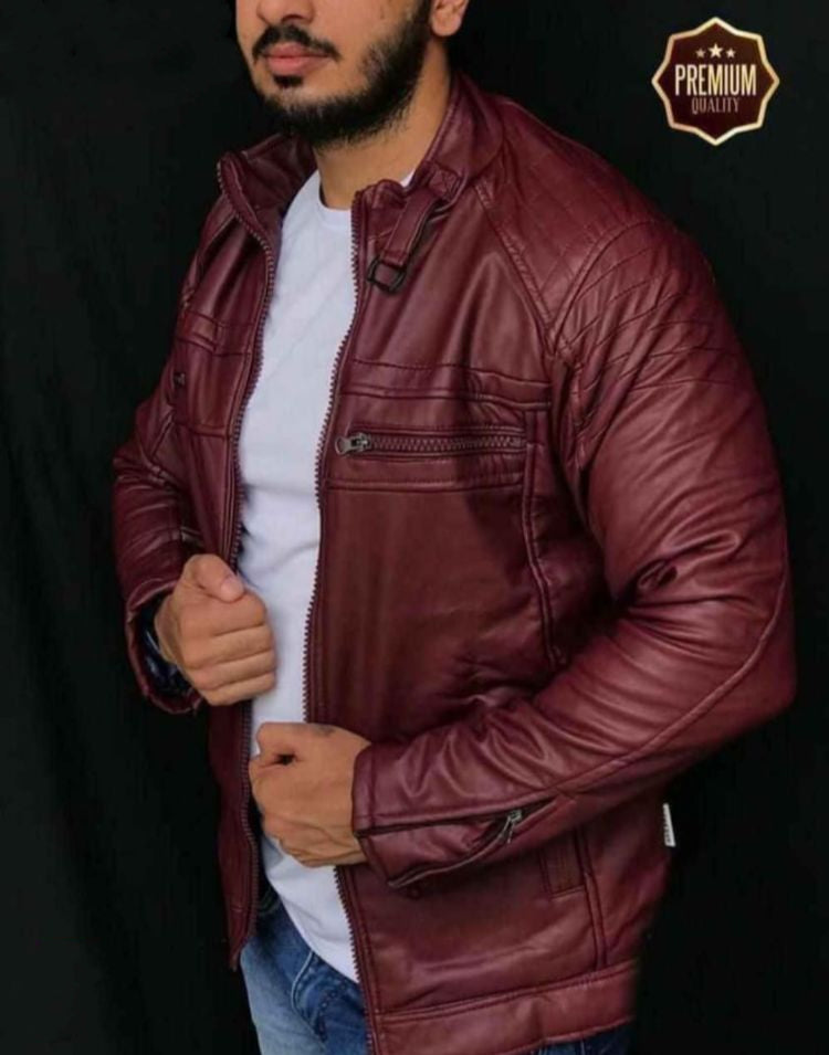 Men Wine Solid Stand-Collar Leather Jacket
