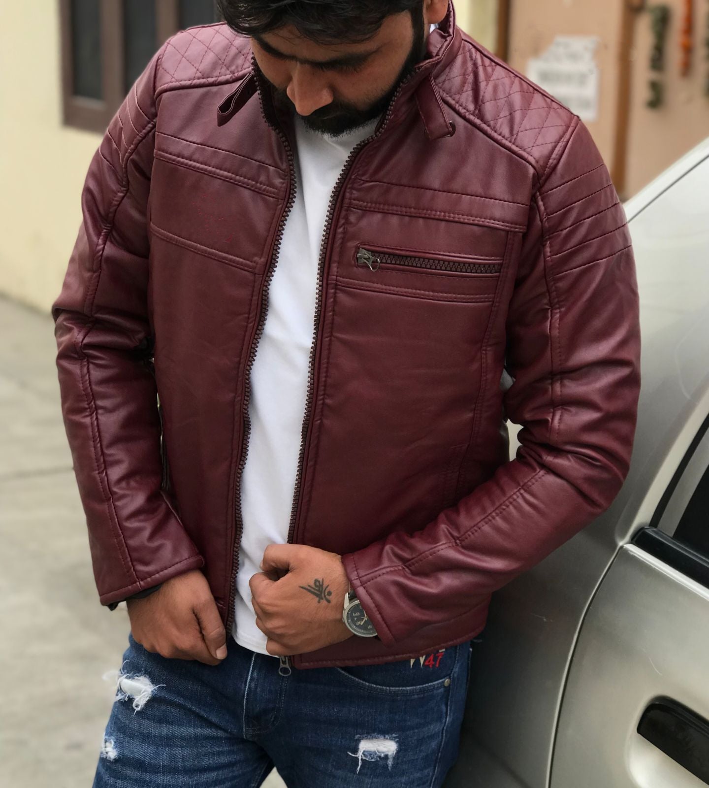 Men’s Winter Leather Jacket With Warm Furr Inside - Wine