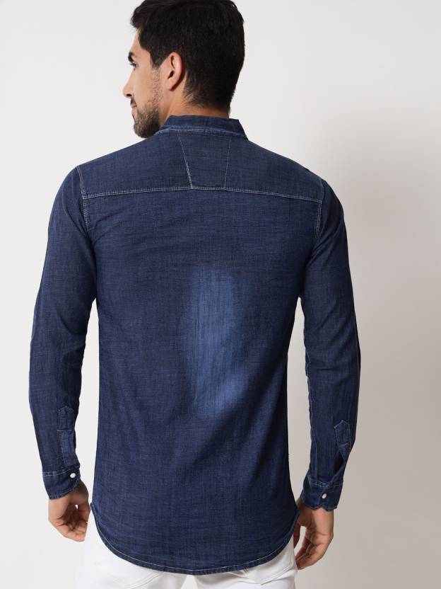 Spread-Collar Denim Shirt with Flap Pockets