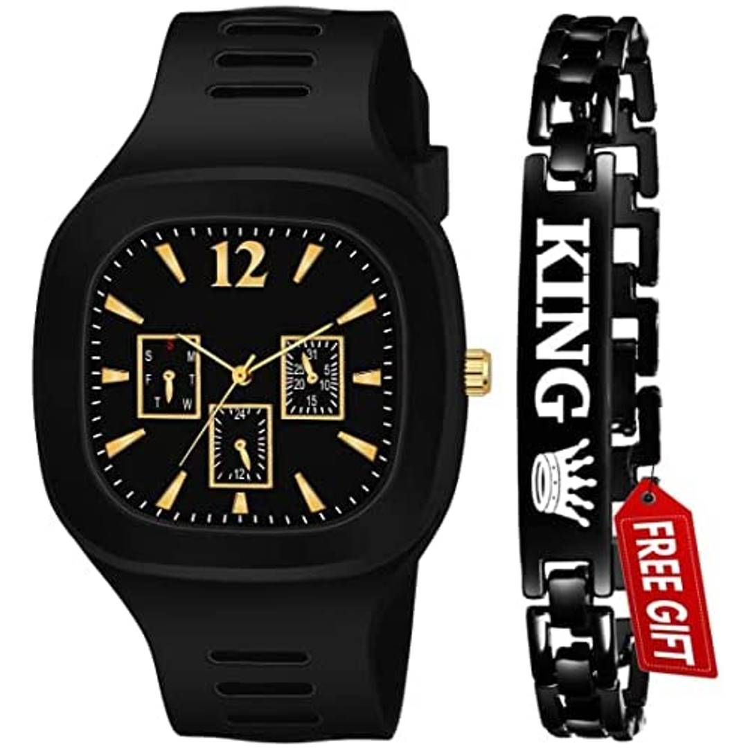 Acnos Brand - Square Black DIAL Analog Silicon Strap ADDI Stylish Designer Analog Watch for Boys with bracelete Pack of 2